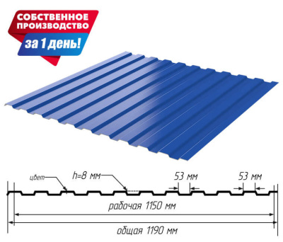 Профнастил (профлист) С-8 RAL5005 Синий Сигнал 0.40мм эконом ширина 1.19(1,15)м с размерами профиля