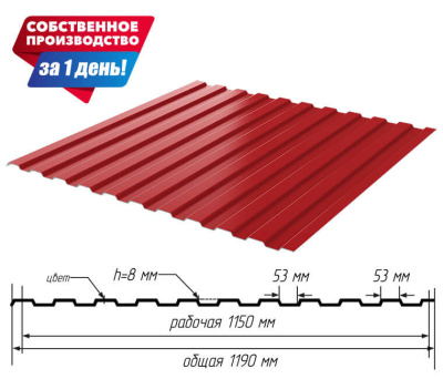 Профнастил (профлист) С-8 RAL3003 Рубин ширина 1.19(1,15)м толщина 0.45мм с размерами профиля